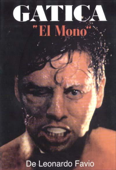 Afiche: Titulo en letras rojas y primer plano del boxeador