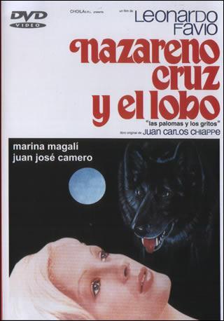 título en letras rojas sobre fondo blanco, rostro de mujer rubia, luna llena y lobo sobre fondo negro